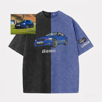 Maßgeschneidertes zweifarbiges Vintage-Wasch-T-Shirt mit vollfarbiger Auto-Stickerei – Personalisiertes Geschenk mit Autofoto 🚗