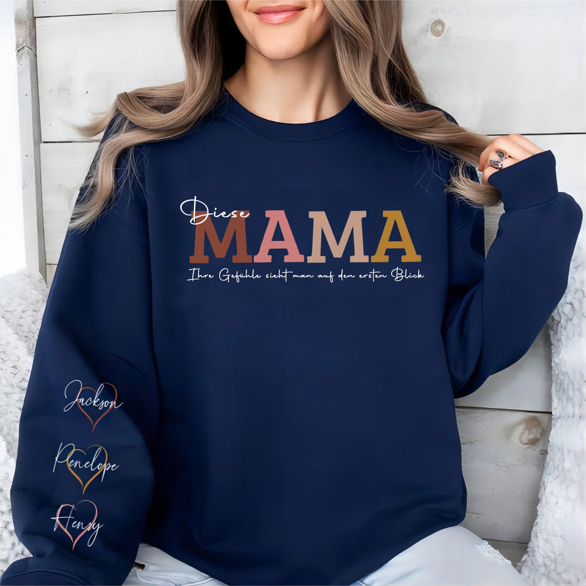 Achter elk geweldig kind staat een moeder – gepersonaliseerde, gepersonaliseerde unisex sweatshirt met ontwerp op de mouw – cadeau voor moeder, oma 