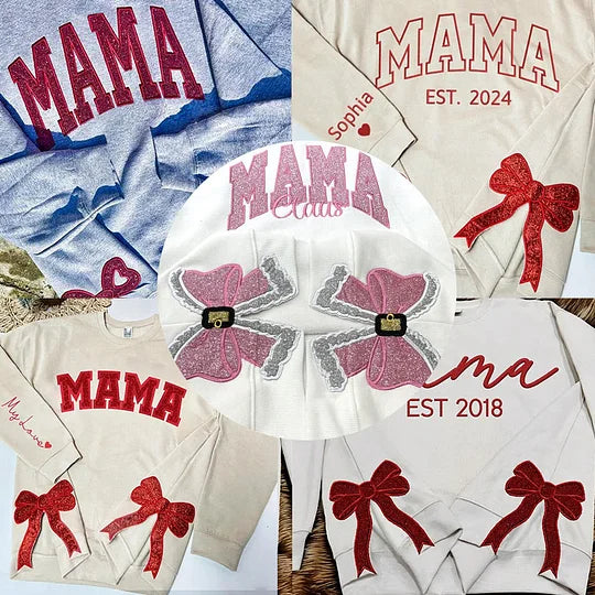 Mama-Sweatshirt mit Glitzer und seitlicher Schleife, benutzerdefinierte Stickerei