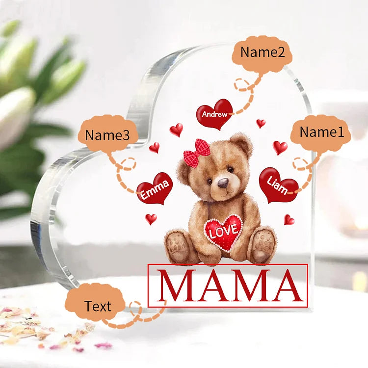 Personalisierte 1-5 Namen & Text Teddybär Herz Familie Acryl-Deko Schreibtischdekoration für Mutter