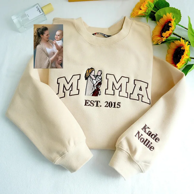 T-shirt maman avec photo, sweat-shirt brodé personnalisé avec portrait maman et enfant 