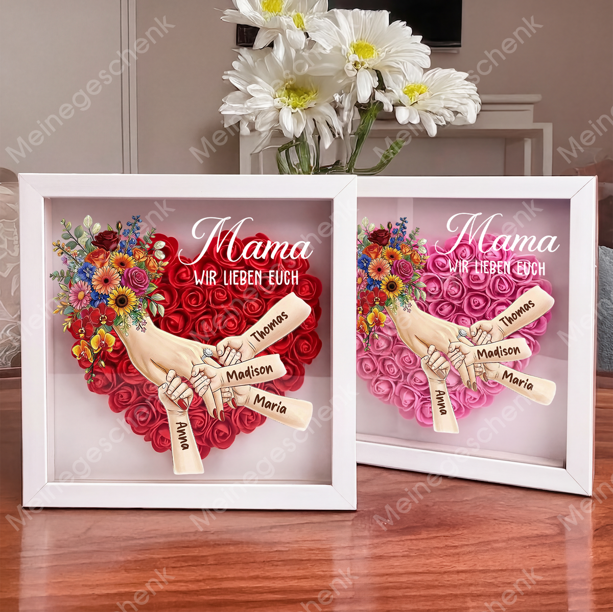 Personalisierte Schattenbox Mama hält Händchen – Individuell gestalteter Blumenherzrahmen mit Kindernamen als Geschenk für Mama und Oma