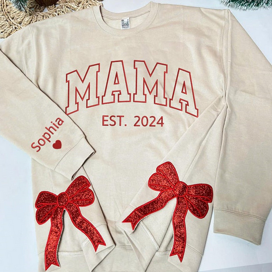 Mama-Sweatshirt mit Glitzer und seitlicher Schleife, benutzerdefinierte Stickerei