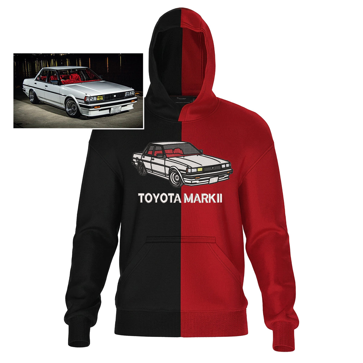 Maßgeschneiderter zweifarbiger Sweatshirt mit Auto-Stickerei – Personalisiertes Fahrzeug-Design 🚗
