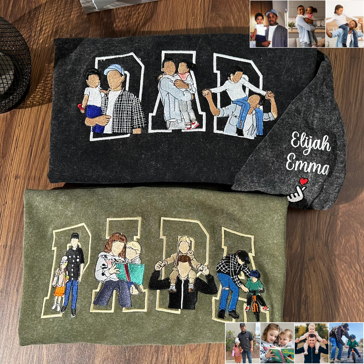 Individuell besticktes Foto T-Shirt, Sweatshirt, Hoodie, personalisiertes Familienporträt – Geschenk zum Vatertag oder Muttertag für Mama und Papa
