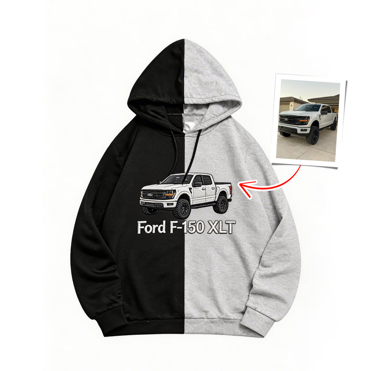 Maßgeschneiderter zweifarbiger Sweatshirt mit Auto-Stickerei – Personalisiertes Fahrzeug-Design 🚗