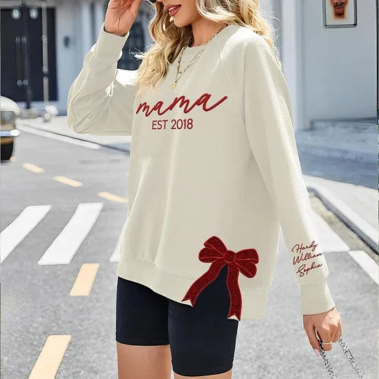 Mama-Sweatshirt mit Glitzer und seitlicher Schleife, benutzerdefinierte Stickerei