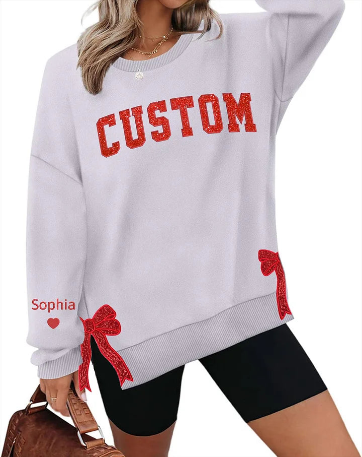 Benutzerdefiniertes Weihnachts-Sweatshirt mit bestickter Schleife, Sweatshirt mit seitlicher Schleife und Applikation, Glitzer-Weihnachts-Sweatshirt