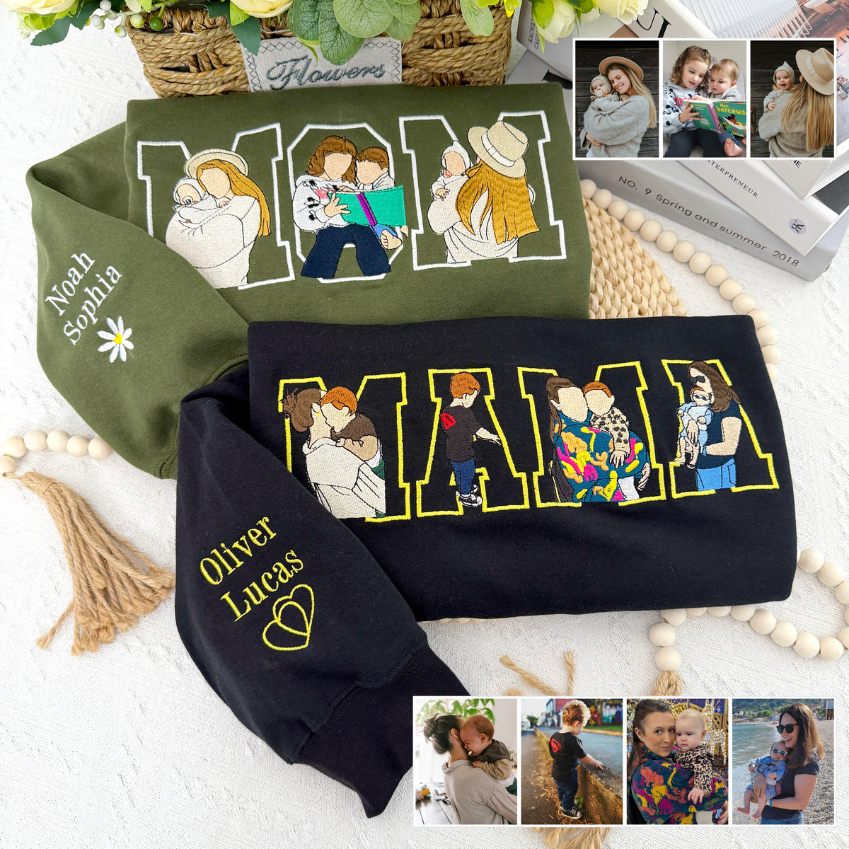 Sweatshirt/Hoodie mit individueller Foto-Porträtstickerei, Geschenk für Mama/Familie