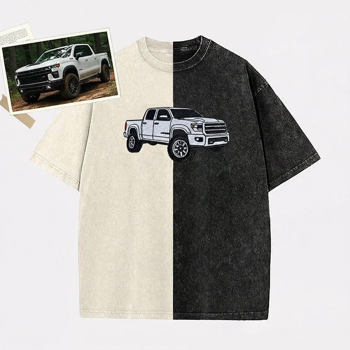 Maßgeschneidertes zweifarbiges Vintage-Wasch-T-Shirt mit vollfarbiger Auto-Stickerei – Personalisiertes Geschenk mit Autofoto 🚗