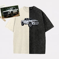 Maßgeschneidertes zweifarbiges Vintage-Wasch-T-Shirt mit vollfarbiger Auto-Stickerei – Personalisiertes Geschenk mit Autofoto 🚗