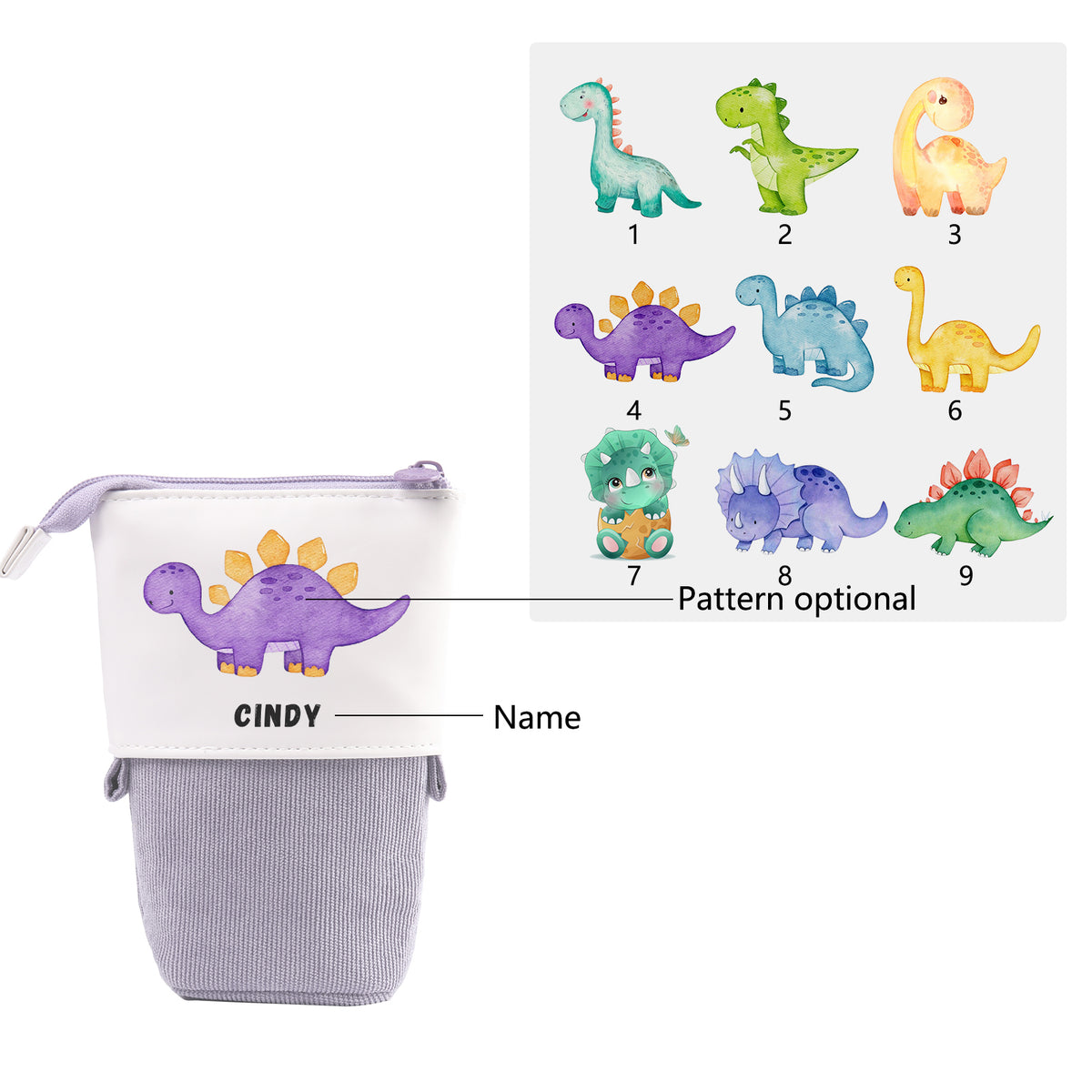 Personalisierter Name & Dinosauriertyp Leinwand PU-Leder Stifteetui Stifttasche