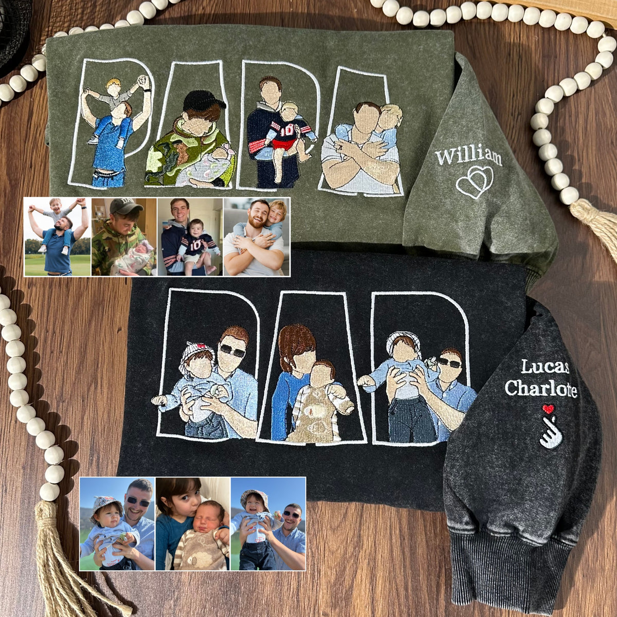 Individuell besticktes Foto T-Shirt, Sweatshirt, Hoodie, personalisiertes Familienporträt – Geschenk zum Vatertag oder Muttertag für Mama und Papa