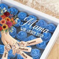 Personalisierte Schattenbox Mama hält Händchen – Individuell gestalteter Blumenherzrahmen mit Kindernamen als Geschenk für Mama und Oma