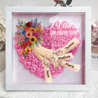 Personalisierte Schattenbox Mama hält Händchen – Individuell gestalteter Blumenherzrahmen mit Kindernamen als Geschenk für Mama und Oma