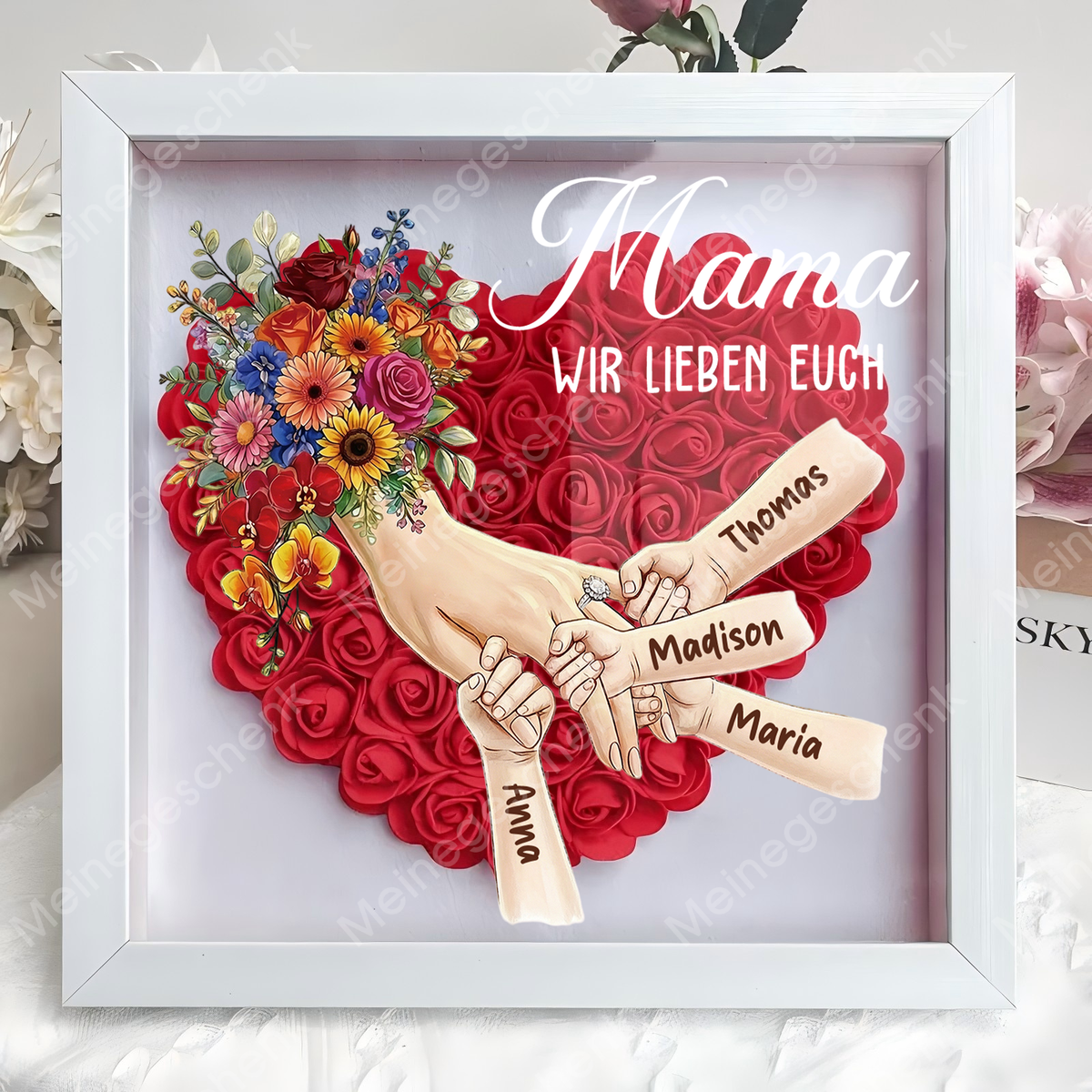 Personalisierte Schattenbox Mama hält Händchen – Individuell gestalteter Blumenherzrahmen mit Kindernamen als Geschenk für Mama und Oma