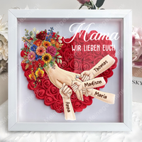 Personalisierte Schattenbox Mama hält Händchen – Individuell gestalteter Blumenherzrahmen mit Kindernamen als Geschenk für Mama und Oma