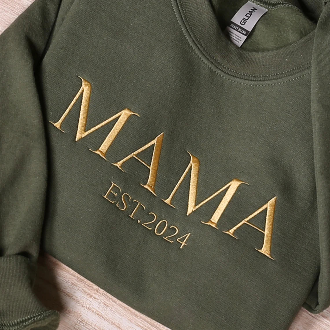 Personalisiertes Mama-Sweatshirt mit Vollstickerei, Outfit für frischgebackene Mütter, Geschenkidee zum Muttertag
