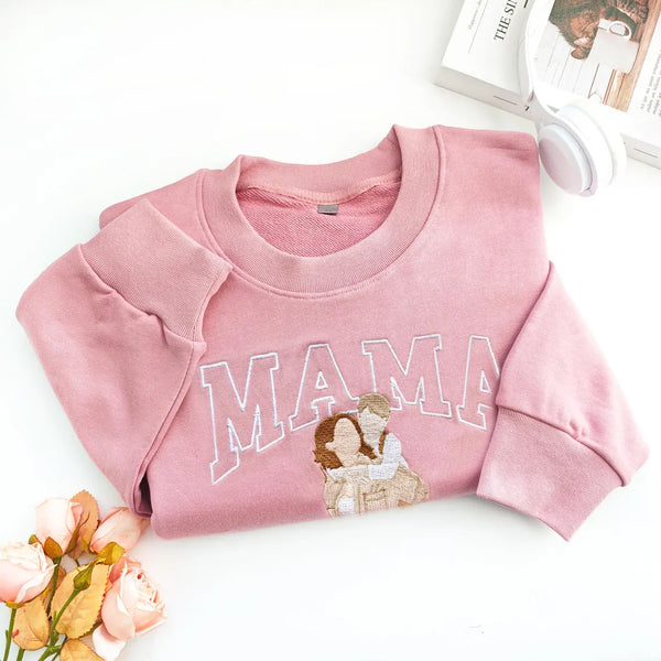 Mama-Sweatshirt mit Foto, individuell besticktes Rundhals-Sweatshirt mit Mama- und Kinderporträt, Muttertagsgeschenk, perfektes Geschenk für Mama