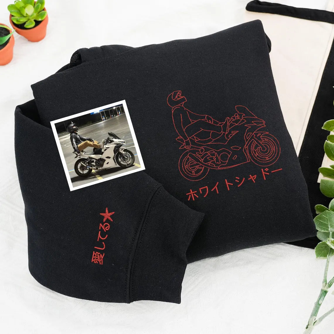 Individuell bestickter Motorrad-Hoodie, personalisiertes Biker-Geschenk für ihn, individuelle Motorrad-Umrisszeichnung nach Foto