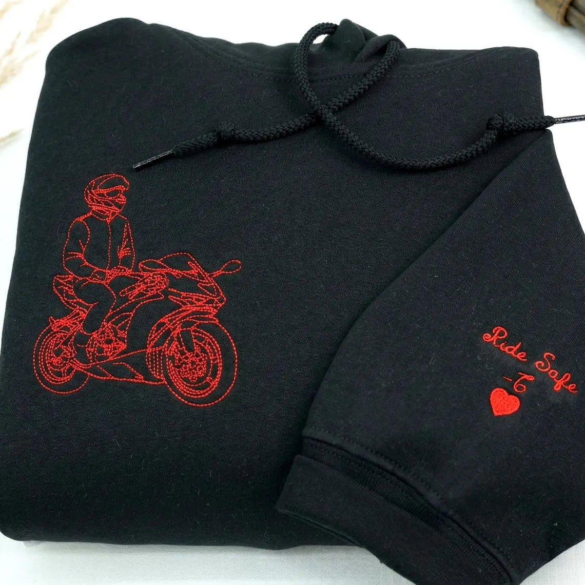 Individuell bestickter Motorrad-Hoodie, personalisiertes Biker-Geschenk für ihn, individuelle Motorrad-Umrisszeichnung nach Foto