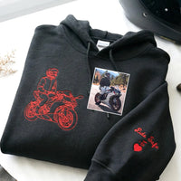 Individuell bestickter Motorrad-Hoodie, personalisiertes Biker-Geschenk für ihn, individuelle Motorrad-Umrisszeichnung nach Foto