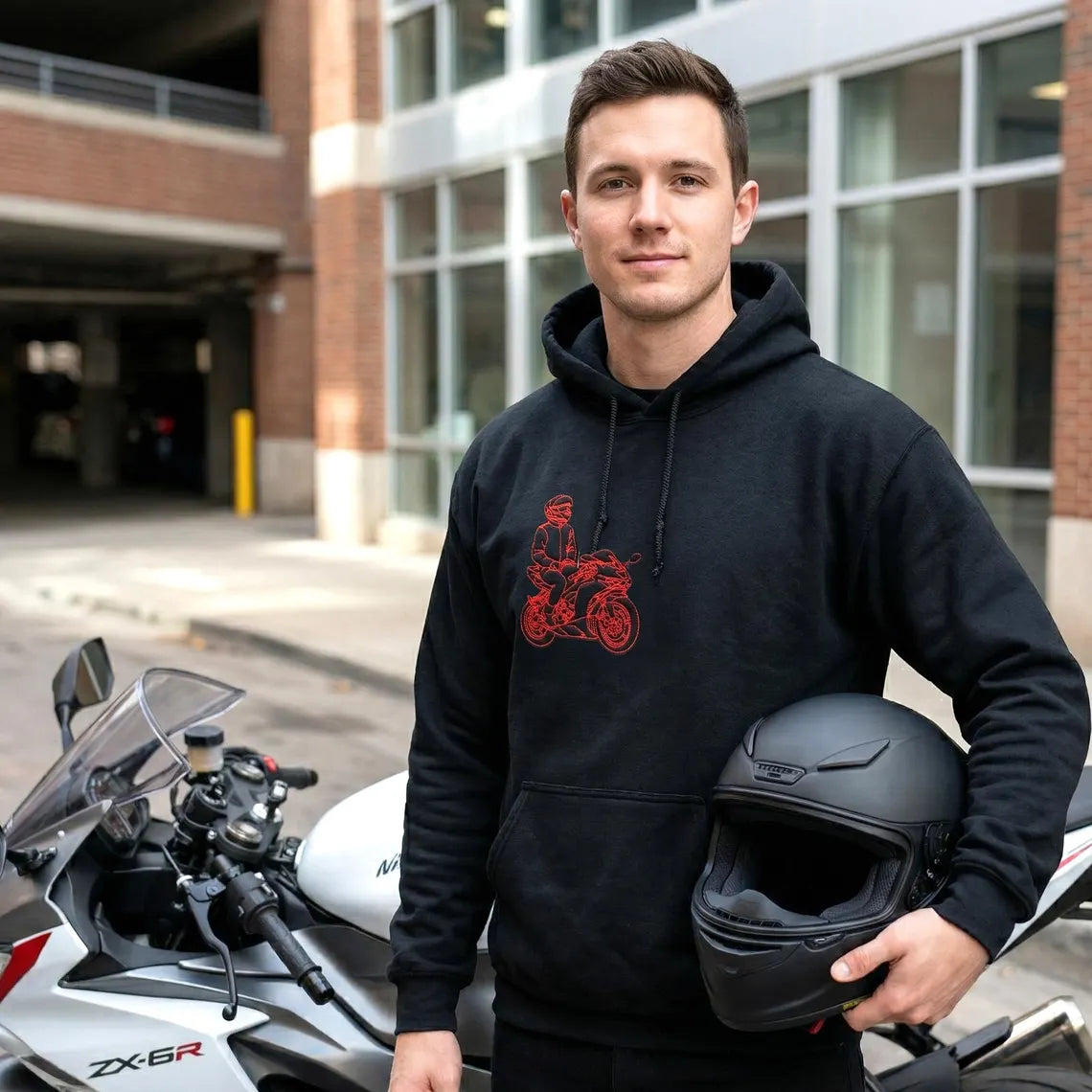 Individuell bestickter Motorrad-Hoodie, personalisiertes Biker-Geschenk für ihn, individuelle Motorrad-Umrisszeichnung nach Foto