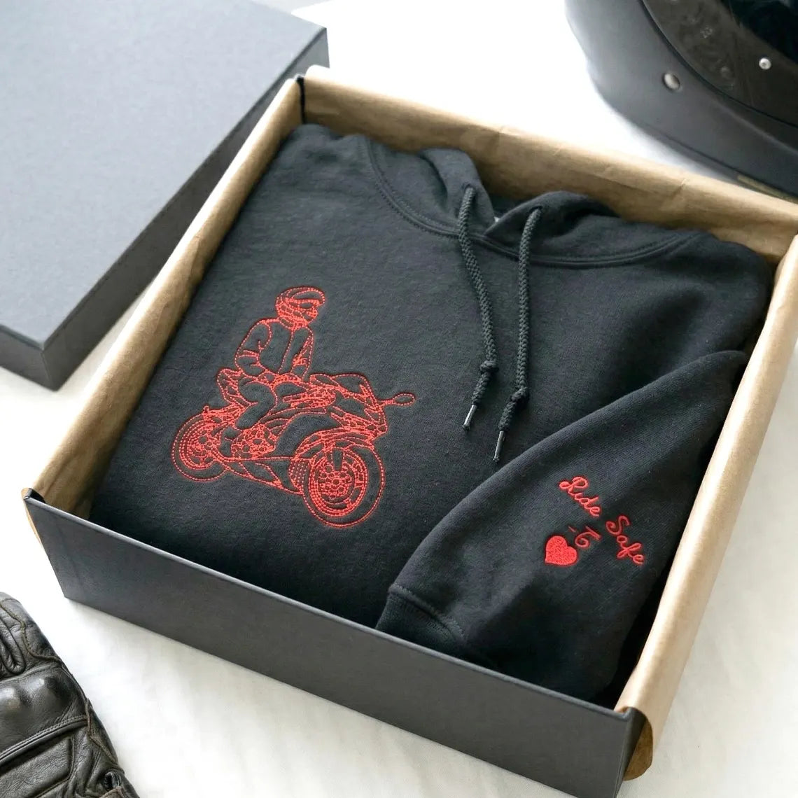 Individuell bestickter Motorrad-Hoodie, personalisiertes Biker-Geschenk für ihn, individuelle Motorrad-Umrisszeichnung nach Foto