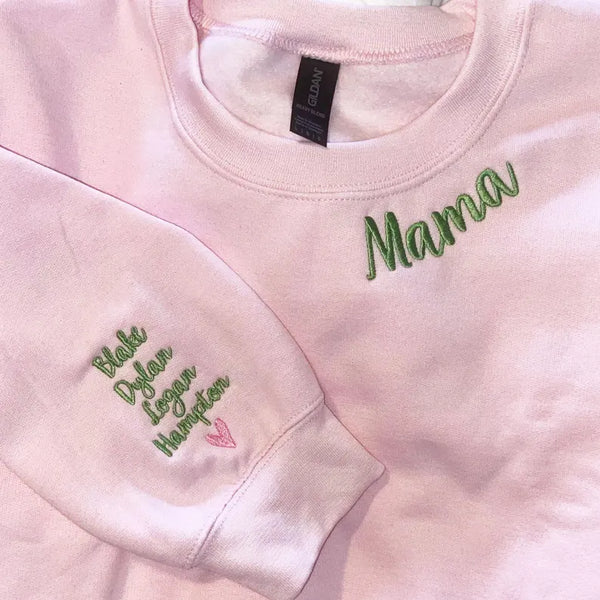 Benutzerdefiniertes Mama besticktes Sweatshirt mit Kindernamen am Ärmel – Geschenk für neue Mutter personalisiert