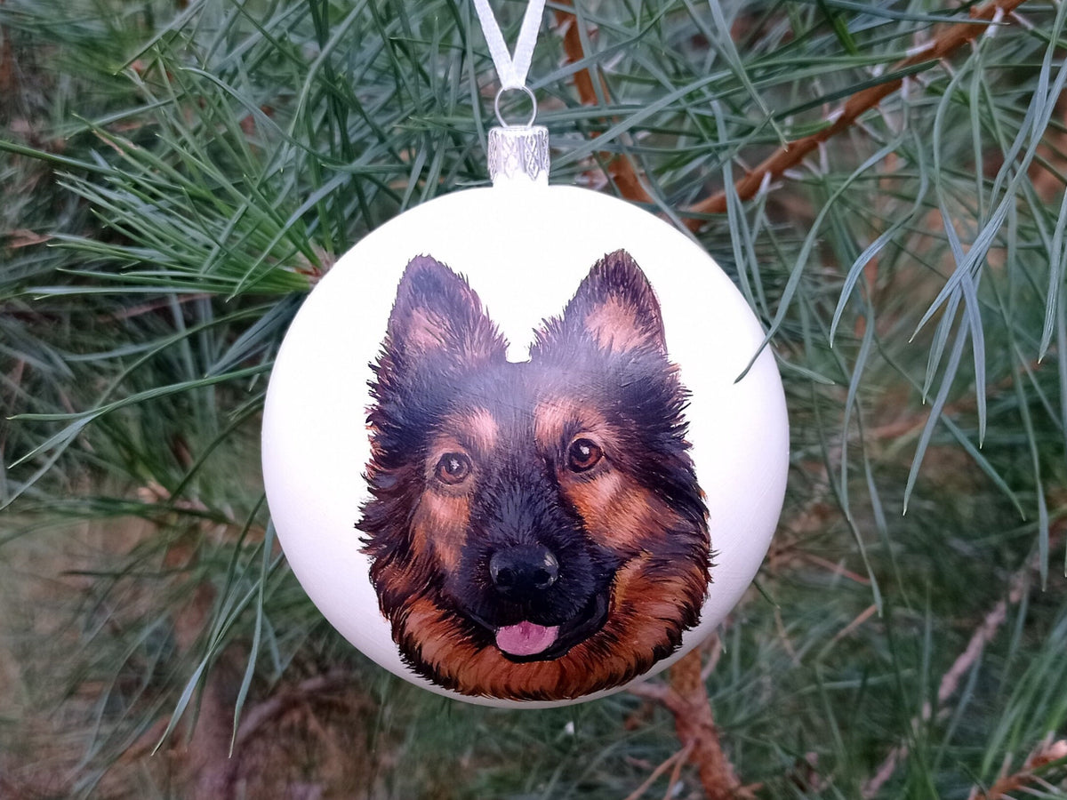 Individuell handbemalte Christbaumkugel mit Haustierporträt, personalisiertes Ornament, komplett von Hand bemalt nach einem Kundenfoto. Hundekunst