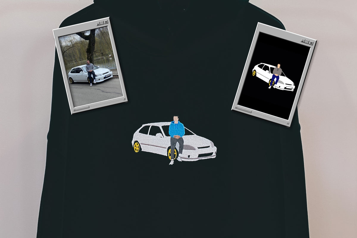 Gesticktes Auto-Foto-Portrait-Hoodie, besticktes Fotografie-Sweatshirt mit Rundhalsausschnitt