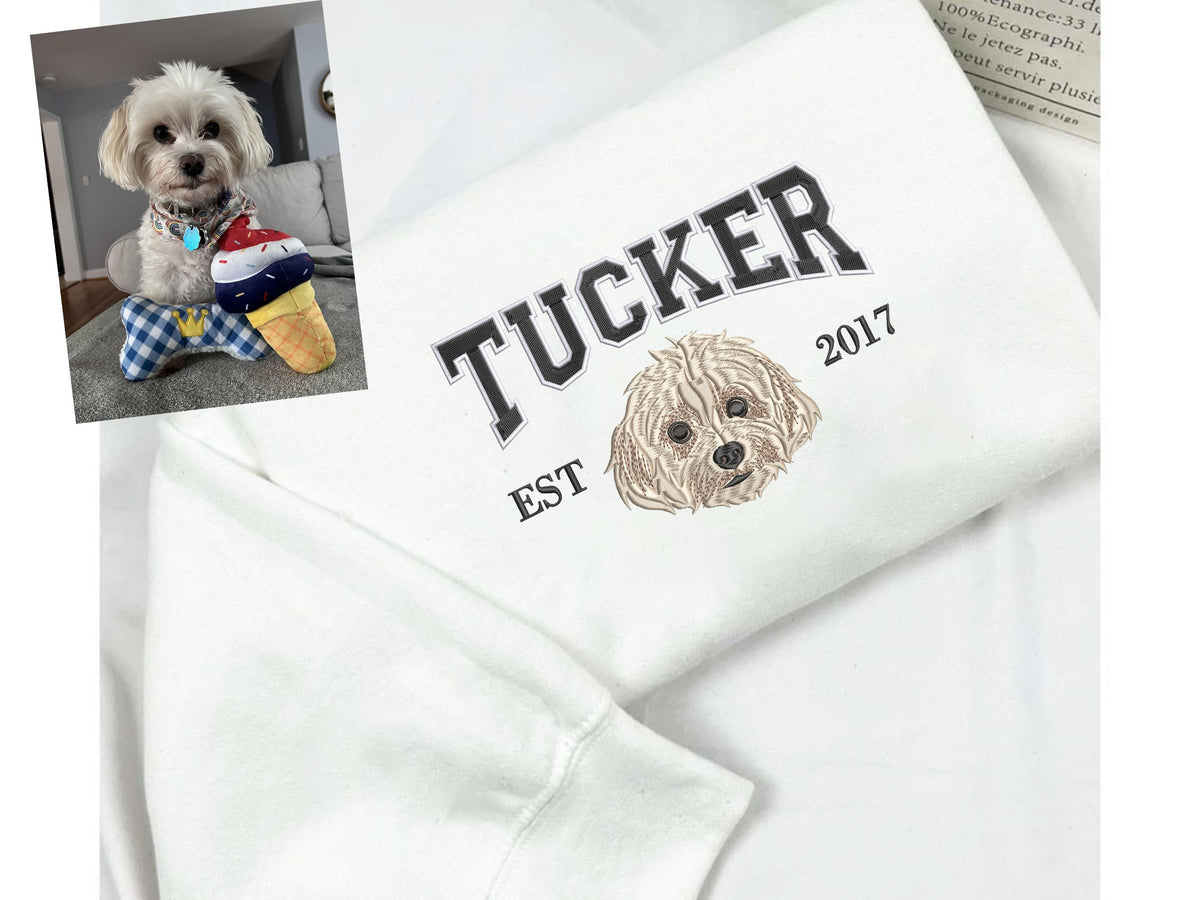 Benutzerdefiniertes Haustier-Stick-Sweatshirt vom Foto, personalisiertes Hunde-gesticktes Sweatshirt, Haustier-Gesichts-Sweatshirt, Rundhalsausschnitt, T-Shirt oder Kapuzenpullover