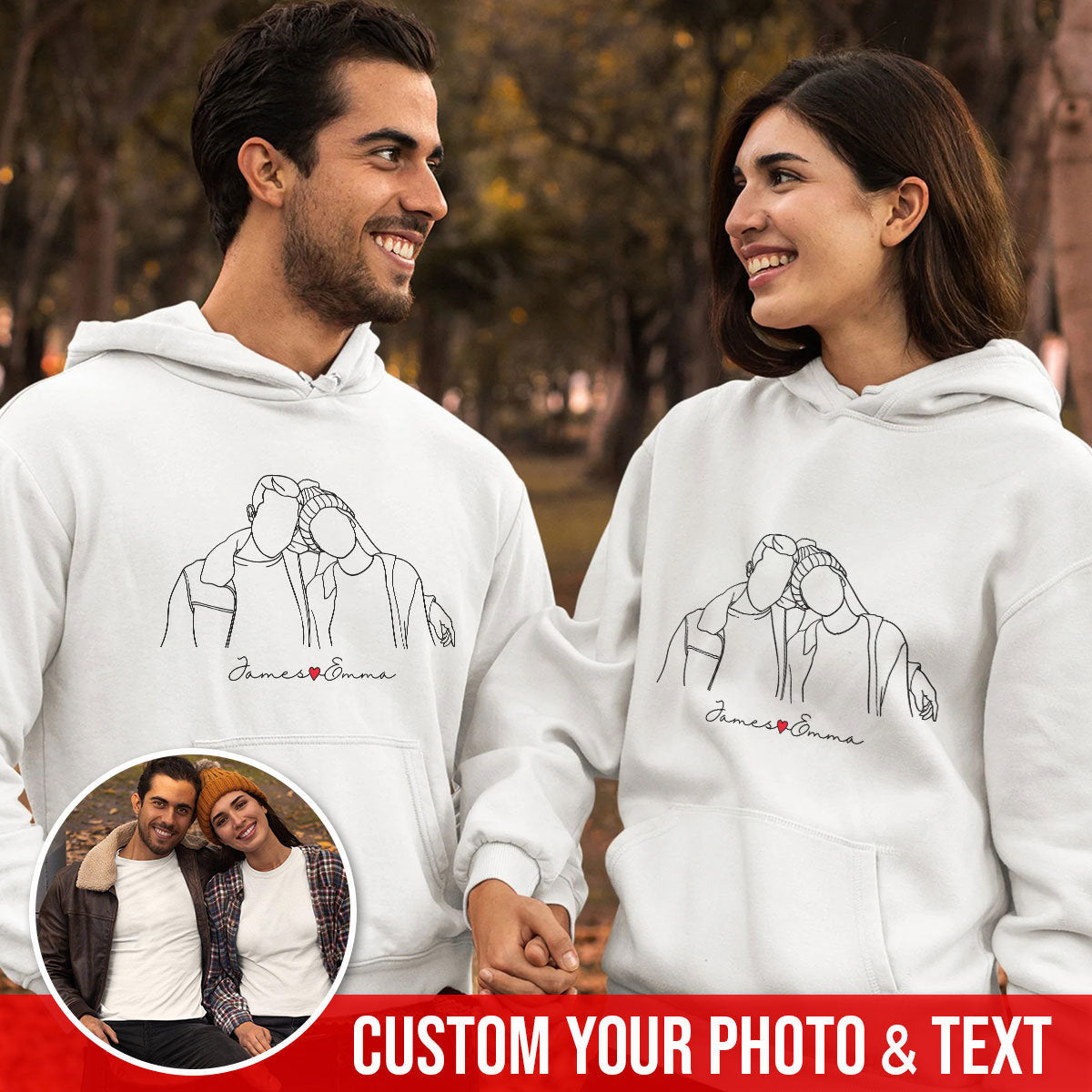 Personalisiertes Porträt vom Foto-Hoodie, Paar-Umriss-Foto-Sweatshirt, Paar-Hoodies