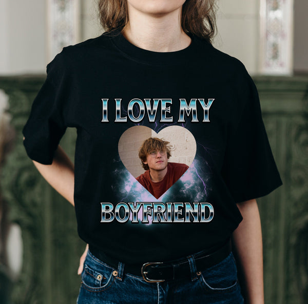 I LOVE MY BOYFRIEND Personalisiertes Fotoshirt, 90er Jahre Vintage Bootleg