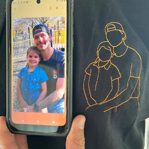 Sweat-shirt papa avec photo, t-shirt portrait brodé personnalisé avec nom sur la manche, portrait père et fille, sweat à capuche papa, cadeau papa