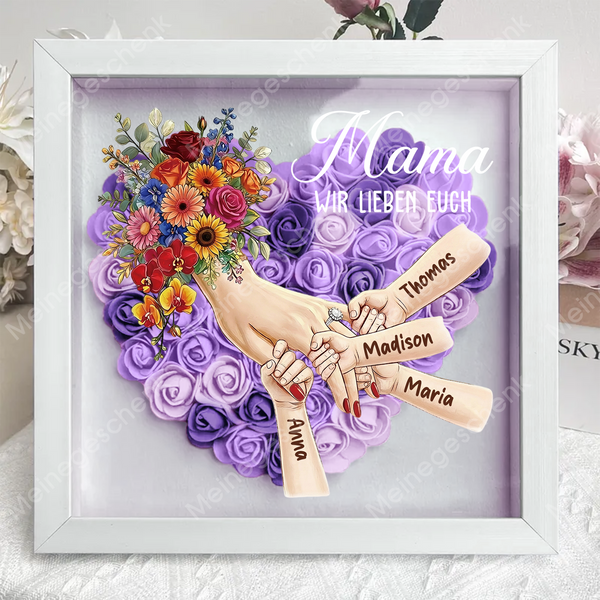 Personalisierte Schattenbox Mama hält Händchen – Individuell gestalteter Blumenherzrahmen mit Kindernamen als Geschenk für Mama und Oma