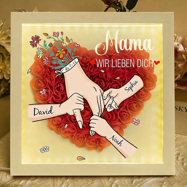 (Mit Licht)Familienliebe blüht für immer – Personalisierte Blumen-Schattenbox für Mama und Oma mit Namen