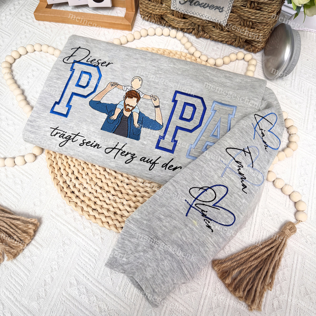 Individuell gestaltete Sweatshirts oder Kapuzenpullover mit gestickten Porträts von Vätern, Dieser Papa trägt sein Herz auf der Zunge