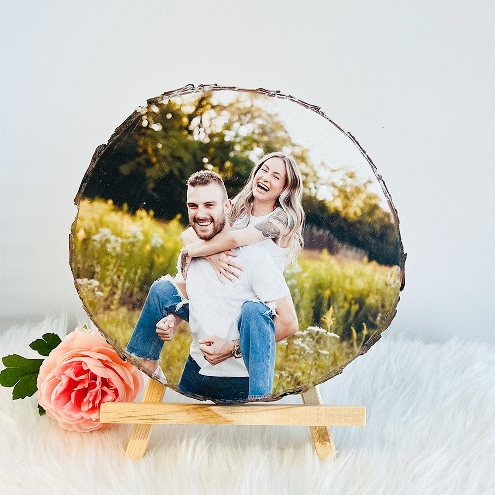 Tranche de bois naturel personnalisée avec tranche de bois naturel individuelle avec photo et texte gravé comme photo et texte gravé cadeaux de Saint-Valentin 