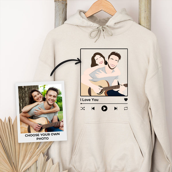 Geschenk für Freund, personalisiertes Paar, gesichtsloses Porträt mit Lied, bedruckter Kapuzenpullover/Rundhalsausschnitt