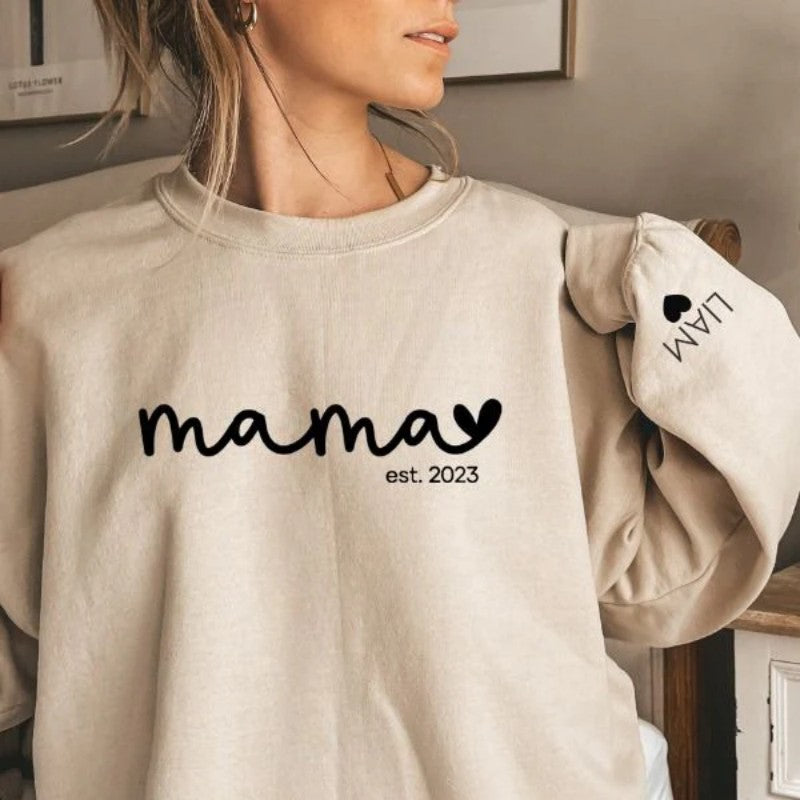 Personalisiertes Est Year Mama Sweatshirt, individuelles Muttertags-Sweatshirt, mit Kindernamen auf dem Ärmel