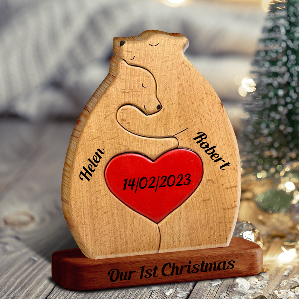 Personalisiertes Holzbärenpaar - Puzzle Holzbärenfamilie - Haustierschnitzereien aus Holz