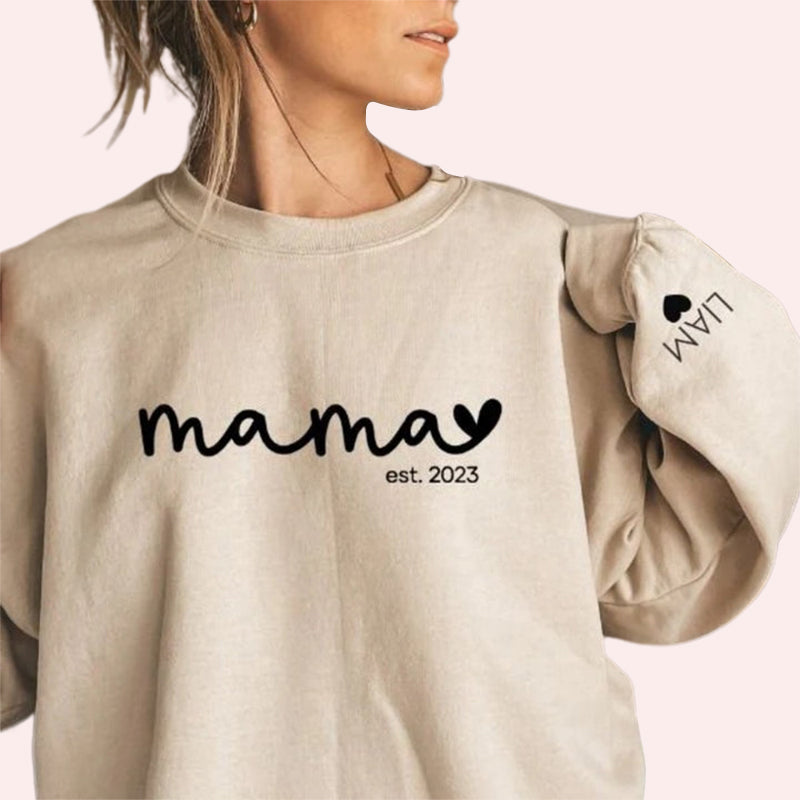 Personalisiertes Est Year Mama Sweatshirt, individuelles Muttertags-Sweatshirt, mit Kindernamen auf dem Ärmel