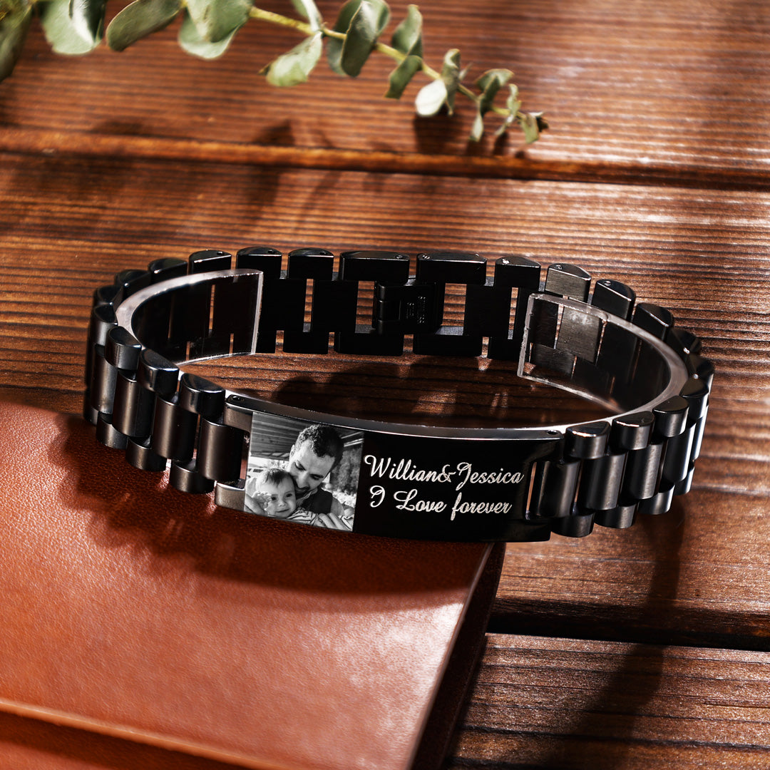 Vatertagsgeschenk, personalisiertes Herrenarmband, individuelles Foto-Armband, erste ID-Bar-Armreif, Geschenke für ihn