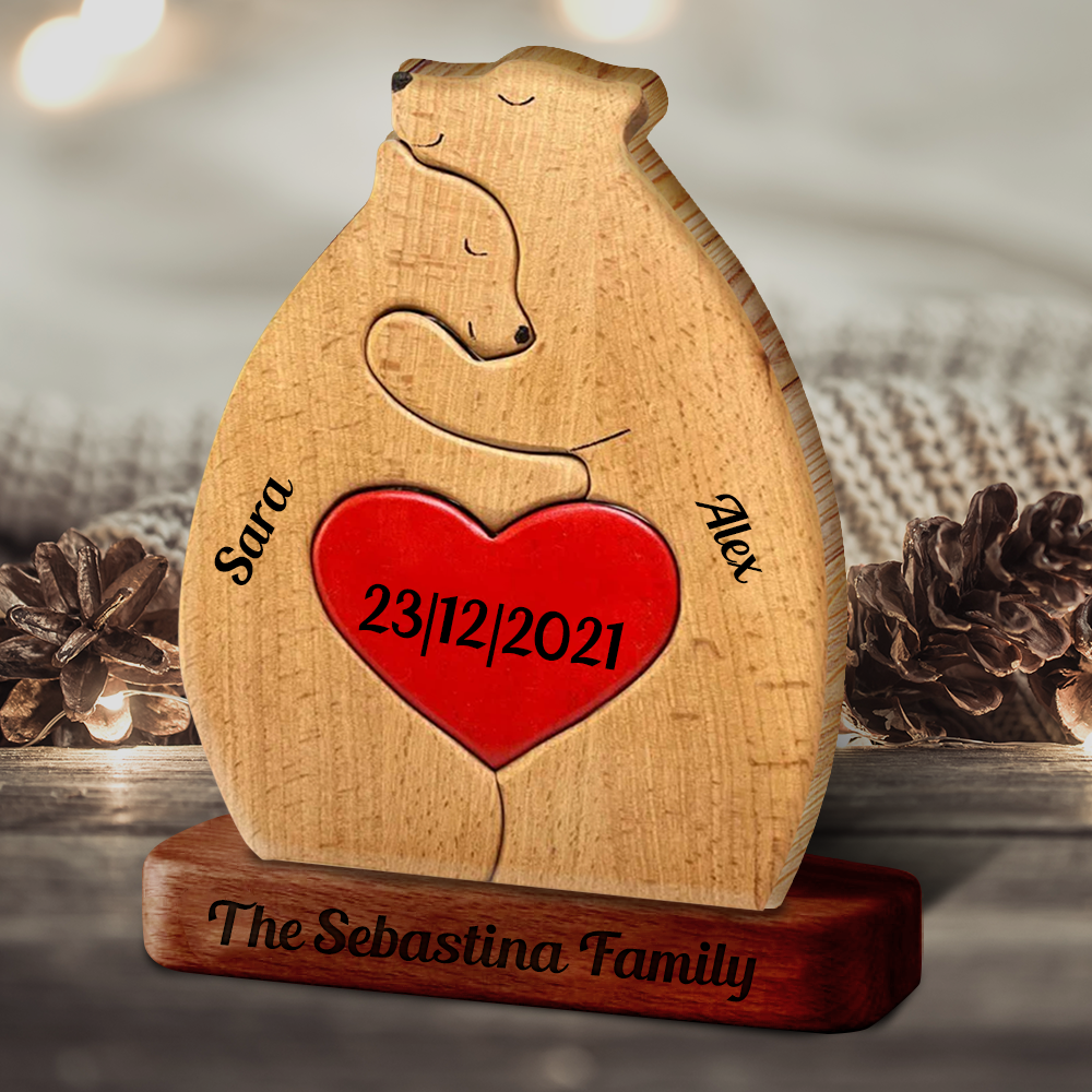 Personalisiertes Holzbärenpaar - Puzzle Holzbärenfamilie - Haustierschnitzereien aus Holz