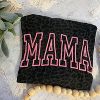 Schwarzes, einfarbiges T-Shirt mit MAMA-Stickerei und Glitzer-Leopardenmotiv