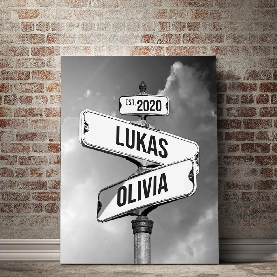Gepersonaliseerde canvasprint "Vintage straatnaambord voor koppels"
