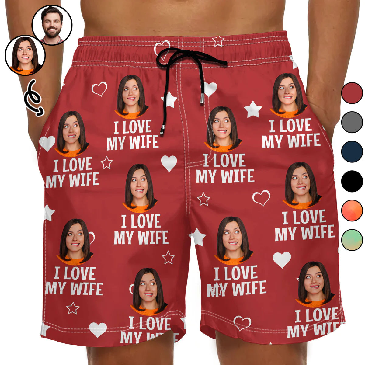 Photo personnalisée J'aime ma femme – Cadeau pour mari, petit ami – Short de plage unisexe personnalisé