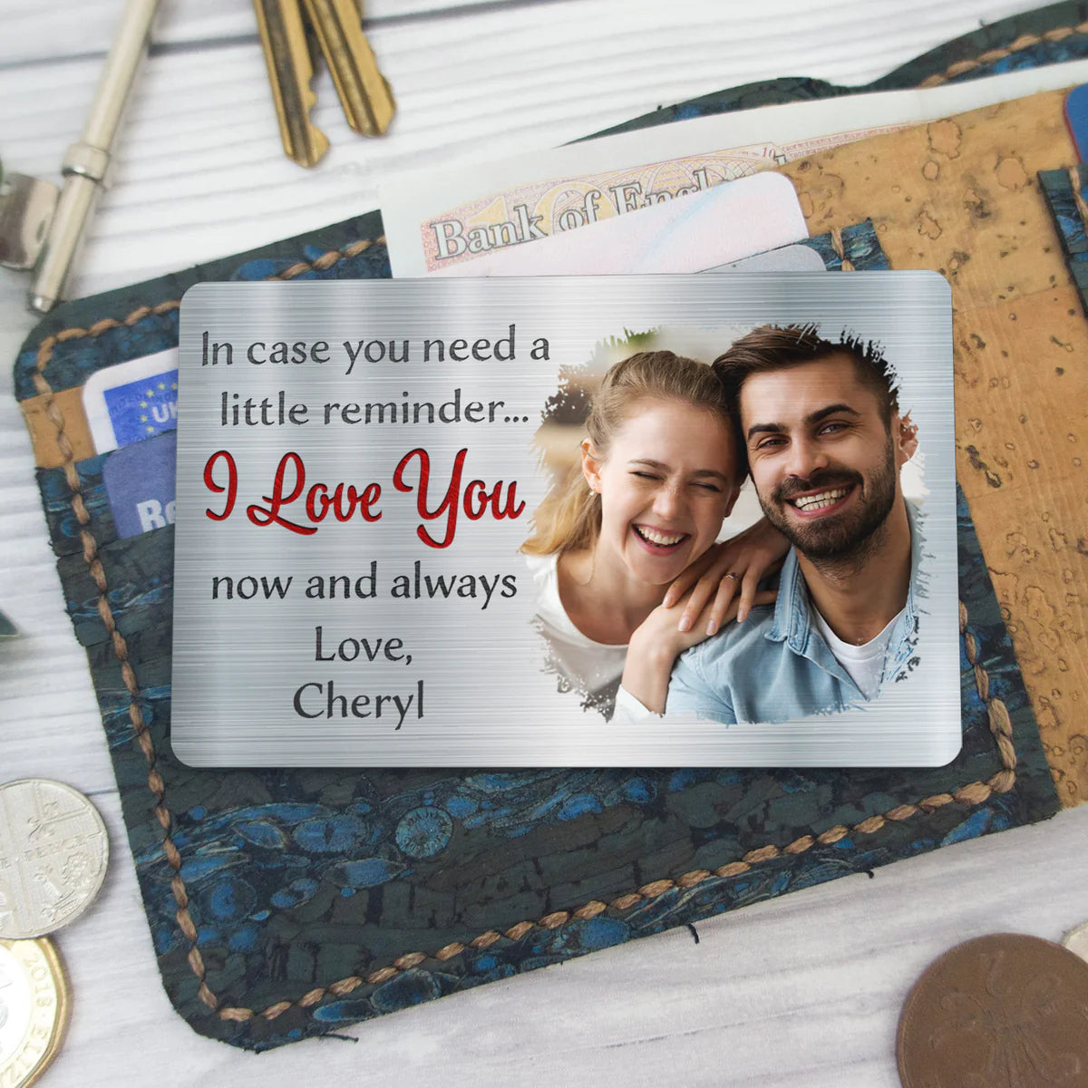 Photo personnalisée au cas où vous auriez besoin d'un petit rappel - Cadeau pour mari - carte portefeuille en aluminium personnalisée