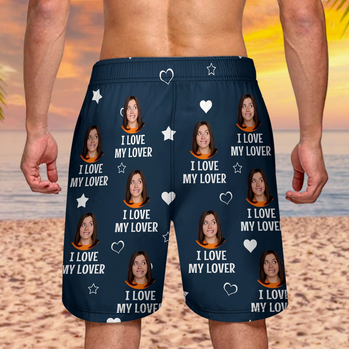 Individuelles Foto I Love My Wife – Geschenk für Ehemann, Freund – personalisierte Unisex-Strandshorts